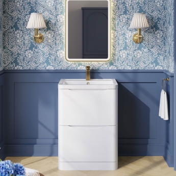 Nuie Lunar Floor Standing 2-Drawer Vanity Unit with Ceramic Basin 600mm Wide - Satin White | Product Image