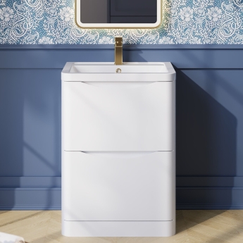 Nuie Lunar Floor Standing 2-Drawer Vanity Unit with Ceramic Basin 600mm Wide - Satin White | Product Image