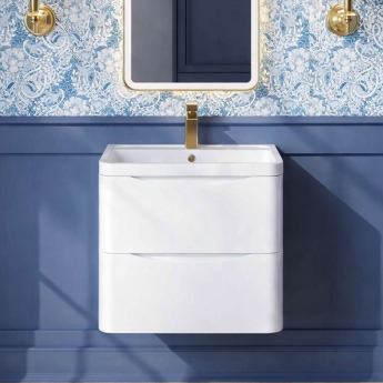 Nuie Lunar Wall Hung 2-Drawer Vanity Unit with Polymarble Basin 600mm Wide - Satin White | Product Image