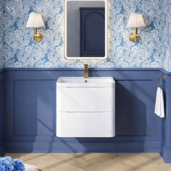 Nuie Lunar Wall Hung 2-Drawer Vanity Unit with Polymarble Basin 600mm Wide - Satin White | Product Image