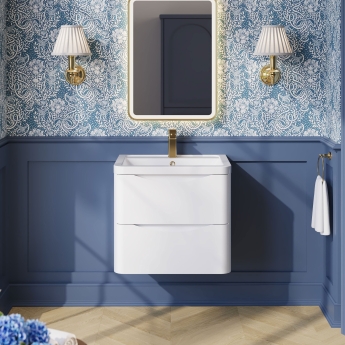 Nuie Lunar Wall Hung 2-Drawer Vanity Unit with Ceramic Basin 600mm Wide - Satin White | Product Image
