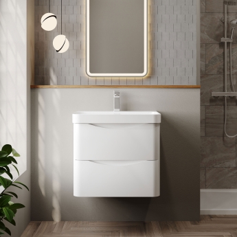 Nuie Lunar Wall Hung 2-Drawer Vanity Unit with 1TH Thin-Edged Basin 600mm Wide - Satin White | Product Image