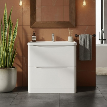 Nuie Lunar Floor Standing 2-Drawer Vanity Unit with Polymarble Basin 800mm Wide - Satin White
