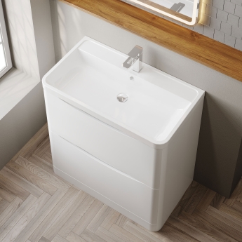 Nuie Lunar Floor Standing 2-Drawer Vanity Unit with Polymarble Basin 800mm Wide - Satin White | Product Image