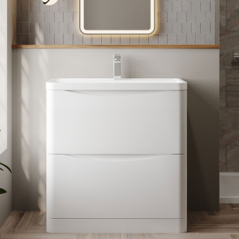Nuie Lunar Floor Standing 2-Drawer Vanity Unit with Polymarble Basin 800mm Wide - Satin White | Product Image