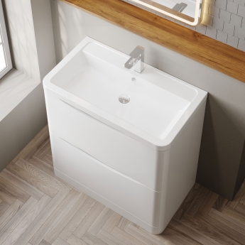 Nuie Lunar Floor Standing 2-Drawer Vanity Unit with Ceramic Basin 800mm Wide - Satin White | Product Image