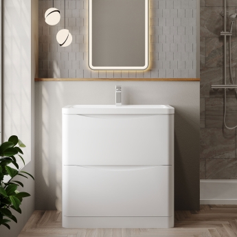 Nuie Lunar Floor Standing 2-Drawer Vanity Unit with Ceramic Basin 800mm Wide - Satin White | Product Image
