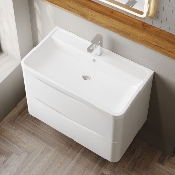 Nuie Lunar Wall Hung 2-Drawer Vanity Unit with Polymarble Basin 800mm Wide - Satin White | Product Image