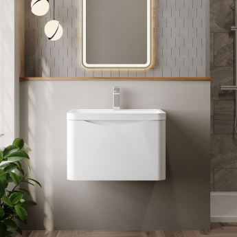 Nuie Lunar Wall Hung 1-Drawer Vanity Unit with Polymarble Basin 600mm Wide - Satin White | Product Image