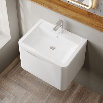 Nuie Lunar Wall Hung 1-Drawer Vanity Unit with Ceramic Basin 600mm Wide - Satin White | Product Image