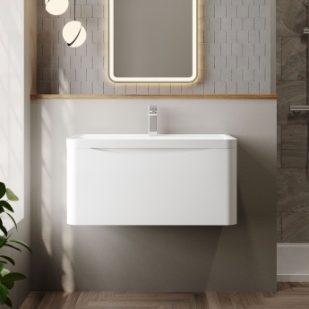 Nuie Lunar Wall Hung 1-Drawer Vanity Unit with Polymarble Basin 800mm Wide - Satin White | Product Image