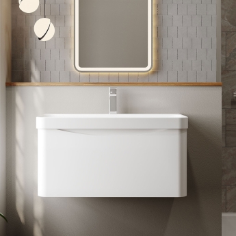 Nuie Lunar Wall Hung 1-Drawer Vanity Unit with 1TH Thin-Edged Basin 800mm Wide - Satin White | Product Image
