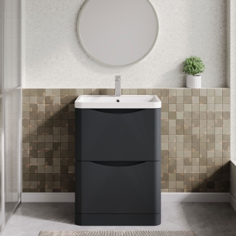 Nuie Lunar Floor Standing 2-Drawer Vanity Unit with Polymarble Basin 600mm Wide - Satin Anthracite | Product Image
