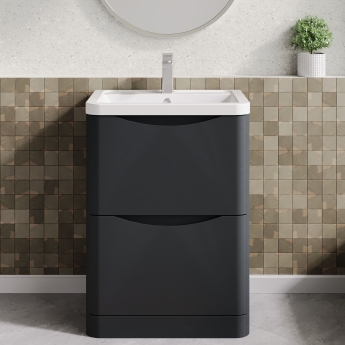 Nuie Lunar Floor Standing 2-Drawer Vanity Unit with Ceramic Basin 600mm Wide - Satin Anthracite | Product Image