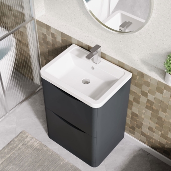 Nuie Lunar Floor Standing 2-Drawer Vanity Unit with Ceramic Basin 600mm Wide - Satin Anthracite | Product Image