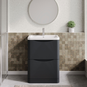 Nuie Lunar Floor Standing 2-Drawer Vanity Unit with Ceramic Basin 600mm Wide - Satin Anthracite | Product Image
