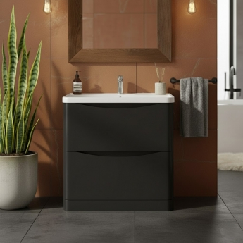 Nuie Lunar Floor Standing 2-Drawer Vanity Unit with Polymarble Basin 800mm Wide - Satin Anthracite