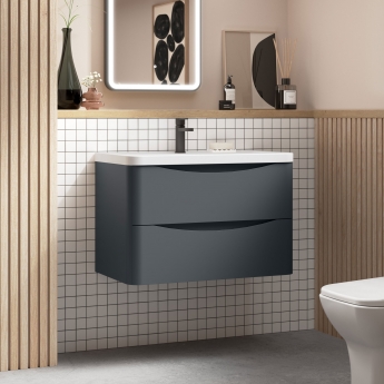 Nuie Lunar Wall Hung 2-Drawer Vanity Unit with Polymarble Basin 600mm Wide - Satin Anthracite