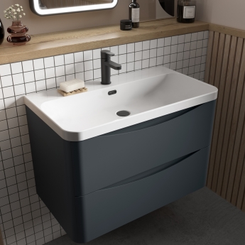 Nuie Lunar Wall Hung 2-Drawer Vanity Unit with 1TH Thin-Edged Basin 800mm Wide - Soft Black | Product Image