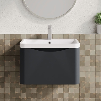 Nuie Lunar Wall Hung 1-Drawer Vanity Unit with Polymarble Basin 600mm Wide - Satin Anthracite | Product Image