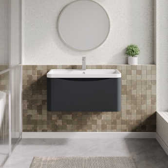 Nuie Lunar Wall Hung 1-Drawer Vanity Unit with Polymarble Basin 800mm Wide - Satin Anthracite | Product Image