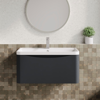 Nuie Lunar Wall Hung 1-Drawer Vanity Unit with Polymarble Basin 800mm Wide - Satin Anthracite | Product Image