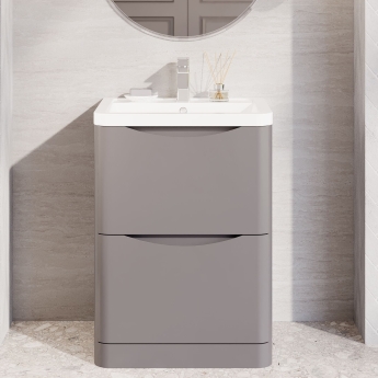 Nuie Lunar Floor Standing 2-Drawer Vanity Unit with Ceramic Basin 600mm Wide - Satin Grey | Product Image