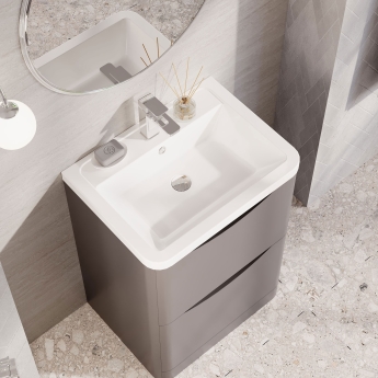 Nuie Lunar Floor Standing 2-Drawer Vanity Unit with Ceramic Basin 600mm Wide - Satin Grey | Product Image