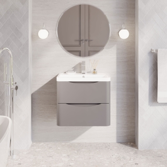 Nuie Lunar Wall Hung 2-Drawer Vanity Unit with Polymarble Basin 600mm Wide - Satin Grey | Product Image