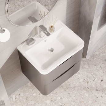 Nuie Lunar Wall Hung 2-Drawer Vanity Unit with Polymarble Basin 600mm Wide - Satin Grey | Product Image