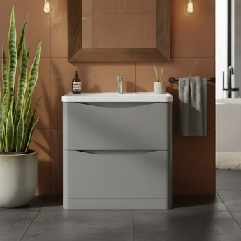 Nuie Lunar Floor Standing 2-Drawer Vanity Unit with Polymarble Basin 800mm Wide - Satin Grey