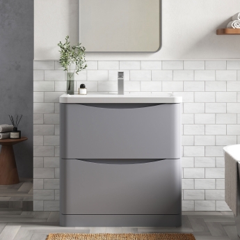 Nuie Lunar Floor Standing 2-Drawer Vanity Unit with Ceramic Basin 800mm Wide - Satin Grey | Product Image