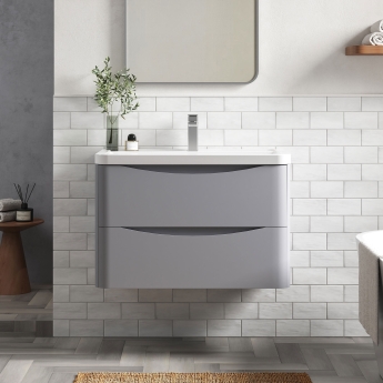 Nuie Lunar Wall Hung 2-Drawer Vanity Unit with Ceramic Basin 800mm Wide - Satin Grey | Product Image