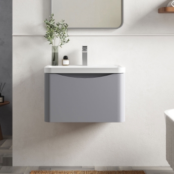 Nuie Lunar Wall Hung 1-Drawer Vanity Unit with Polymarble Basin 600mm Wide - Satin Grey | Product Image