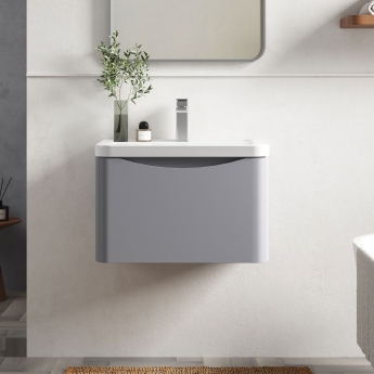 Nuie Lunar Wall Hung 1-Drawer Vanity Unit with Ceramic Basin 600mm Wide - Satin Grey | Product Image