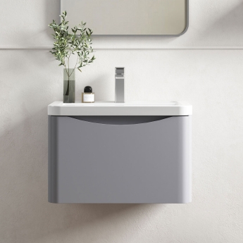 Nuie Lunar Wall Hung 1-Drawer Vanity Unit with Ceramic Basin 600mm Wide - Satin Grey | Product Image