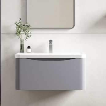 Nuie Lunar Wall Hung 1-Drawer Vanity Unit with Polymarble Basin 800mm Wide - Satin Grey | Product Image