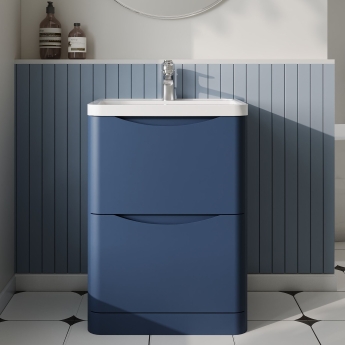 Nuie Lunar Floor Standing 2-Drawer Vanity Unit with Polymarble Basin 600mm Wide - Satin Blue | Product Image