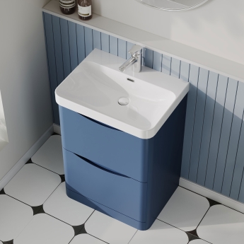 Nuie Lunar Floor Standing 2-Drawer Vanity Unit with 1TH Thin-Edged Basin 600mm Wide - Satin Blue | Product Image