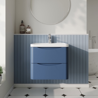 Nuie Lunar Wall Hung 2-Drawer Vanity Unit with Polymarble Basin 600mm Wide - Satin Blue | Product Image