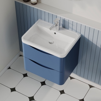 Nuie Lunar Wall Hung 2-Drawer Vanity Unit with Polymarble Basin 600mm Wide - Satin Blue | Product Image