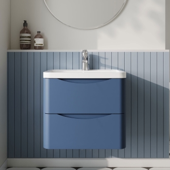 Nuie Lunar Wall Hung 2-Drawer Vanity Unit with Polymarble Basin 600mm Wide - Satin Blue | Product Image