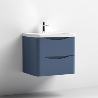 Nuie Lunar Wall Hung 2-Drawer Vanity Unit with Polymarble Basin 600mm Wide - Satin Blue
