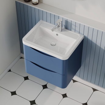 Nuie Lunar Wall Hung 2-Drawer Vanity Unit with Ceramic Basin 600mm Wide - Satin Blue | Product Image