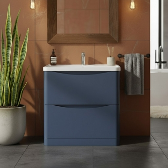 Nuie Lunar Floor Standing 2-Drawer Vanity Unit with Polymarble Basin 800mm Wide - Satin Blue