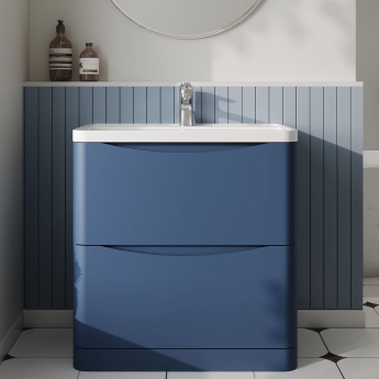 Nuie Lunar Floor Standing 2-Drawer Vanity Unit with Polymarble Basin 800mm Wide - Satin Blue | Product Image