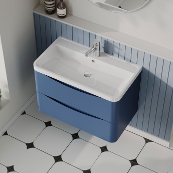 Nuie Lunar Wall Hung 2-Drawer Vanity Unit with Polymarble Basin 800mm Wide - Satin Blue | Product Image