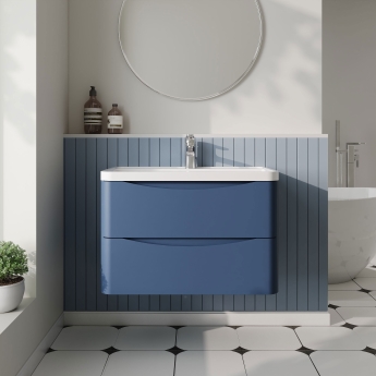 Nuie Lunar Wall Hung 2-Drawer Vanity Unit with Polymarble Basin 800mm Wide - Satin Blue | Product Image