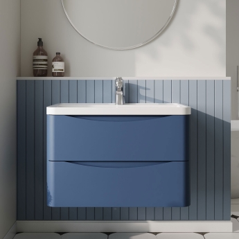 Nuie Lunar Wall Hung 2-Drawer Vanity Unit with Polymarble Basin 800mm Wide - Satin Blue | Product Image
