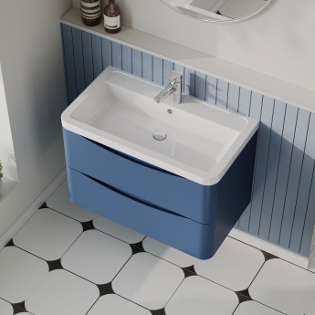 Nuie Lunar Wall Hung 2-Drawer Vanity Unit with Ceramic Basin 800mm Wide - Satin Blue | Product Image